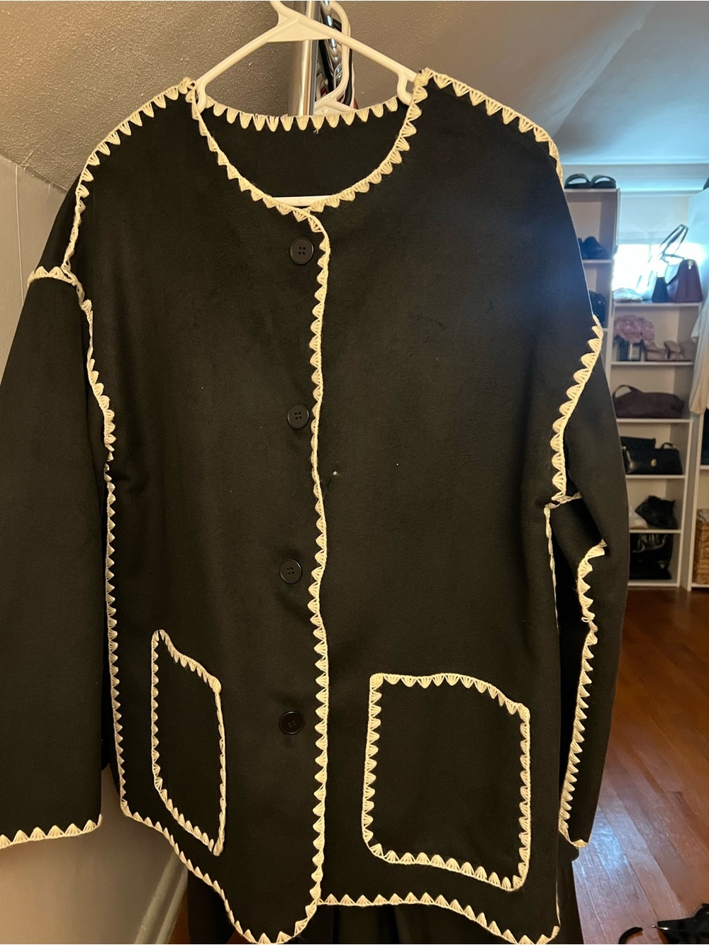 Commense Black Button-Front Jacket with Cream Zigzag Trim